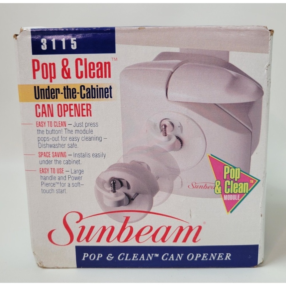 Vintage 90s NIB Sunbeam Pop‎ & Clean Under Cabinet Can Opener White 3115 1994